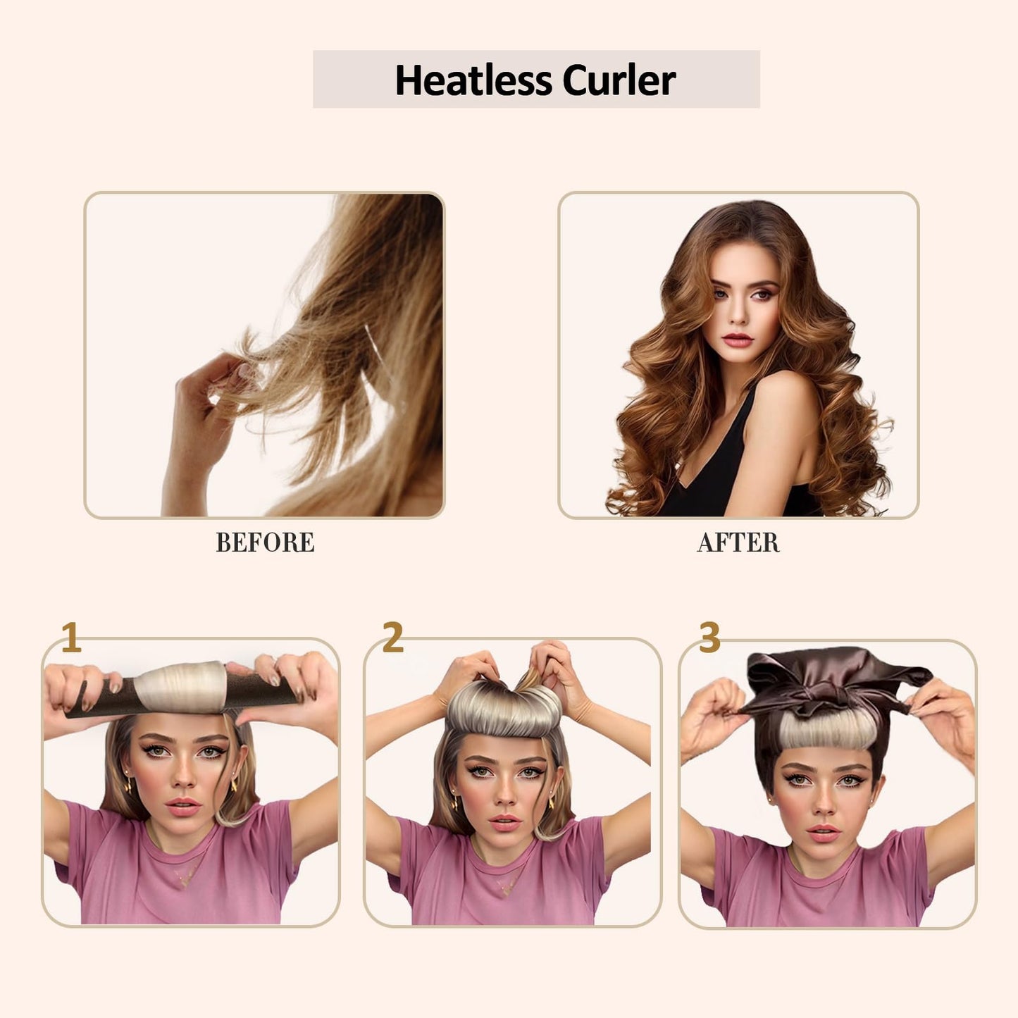 Beiskll Heatless Curling Set - No Heat Blowout Rods & Wrap for Overnight Curls on All Hair Types (Black+Brown)