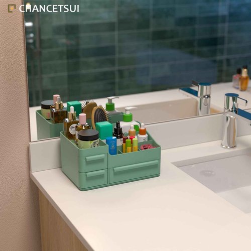 CHANCETSUI Makeup Organizer With Drawers, Countertop Organizer for Cosmetics, Vanity Holder for Lipstick, Brushes, Lotions, Eyeshadow, Nail Polish and Jewelry (Green)