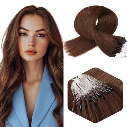 Microlink Hair Extensions Human Hair Brown Bead Hair Micro Beads Hair Extensions 16" Remy Hair Extension 1g/s 50g #4 Micro Loop Hair Extension for Women