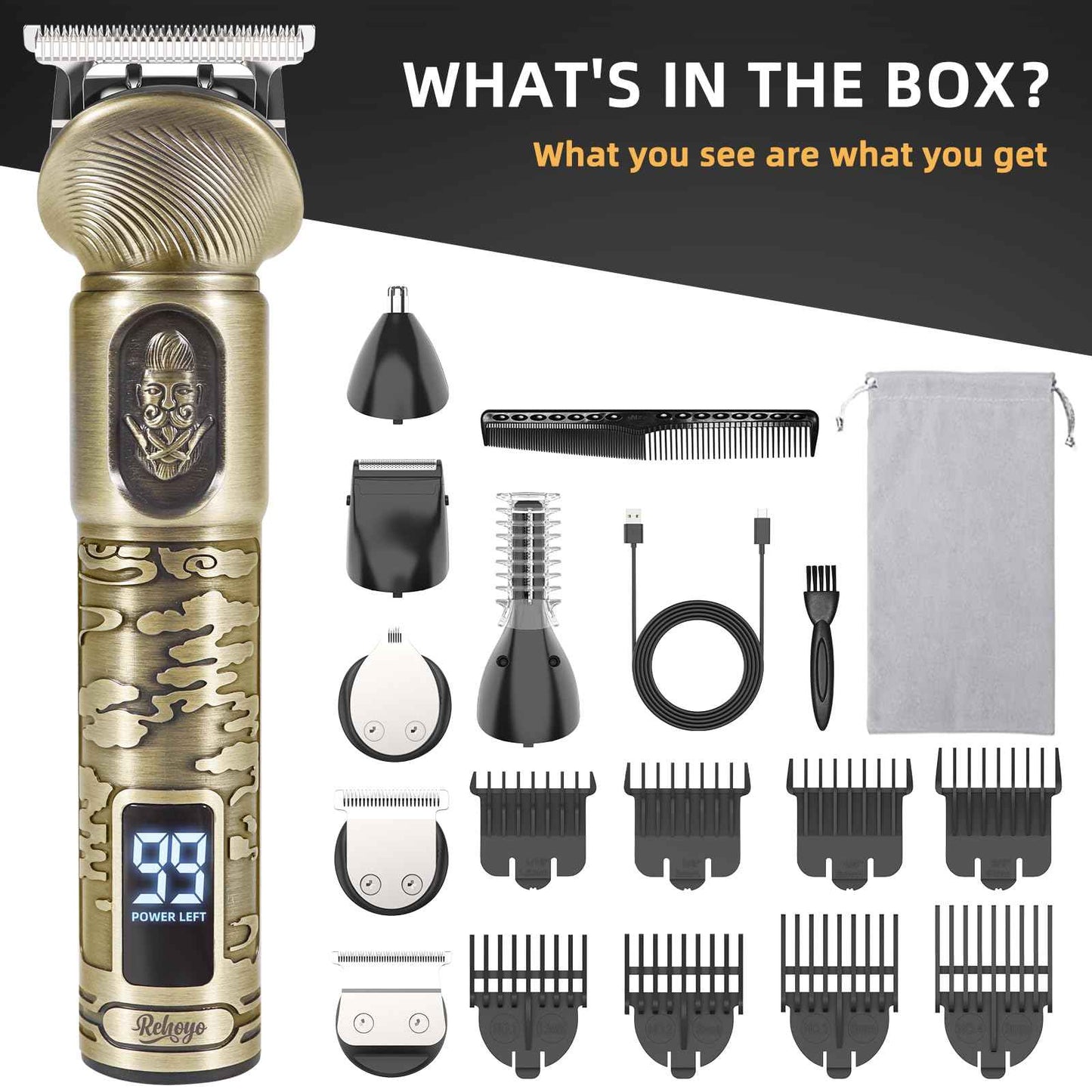 REHOYO Beard Trimmer for Men, Waterproof Cordless Hair Clipper, Electric Razor Shaver, Mens Grooming Kit for Mustache Nose Body Facial Hair, Rechargeable Beard Trimmer Kit, Gifts for Men