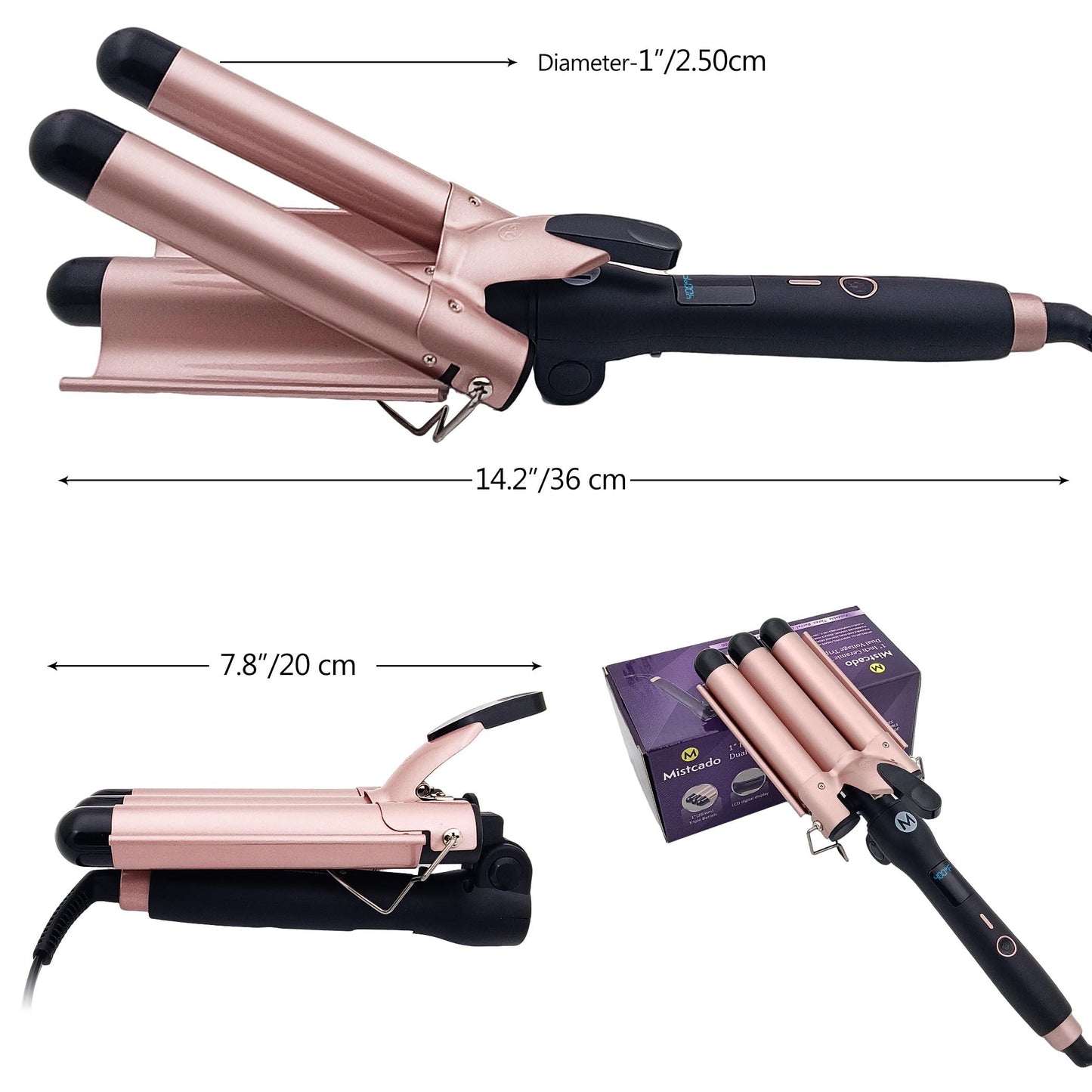 Mistcado 3 Barrel Curling Iron, 1 Inch Ceramic Tourmaline Hair Waver Wand with LCD Temperature Display, Fast Heating Foldable Crimpers for Travel Glove Included (Gold)