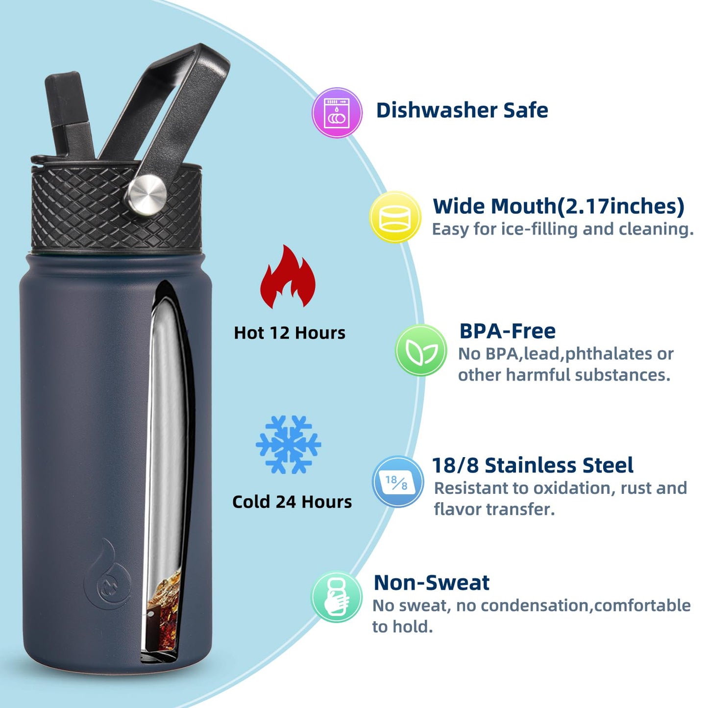 BJPKPK Insulated Water Bottles with Straw Lid, 18oz Stainless Steel Metal Water Bottle, Cold & Hot Water Bottle with 3 Lids, Leak Proof BPA Free Travel Cup, Wide Mouth Flasks, Thermos -Navy Blue