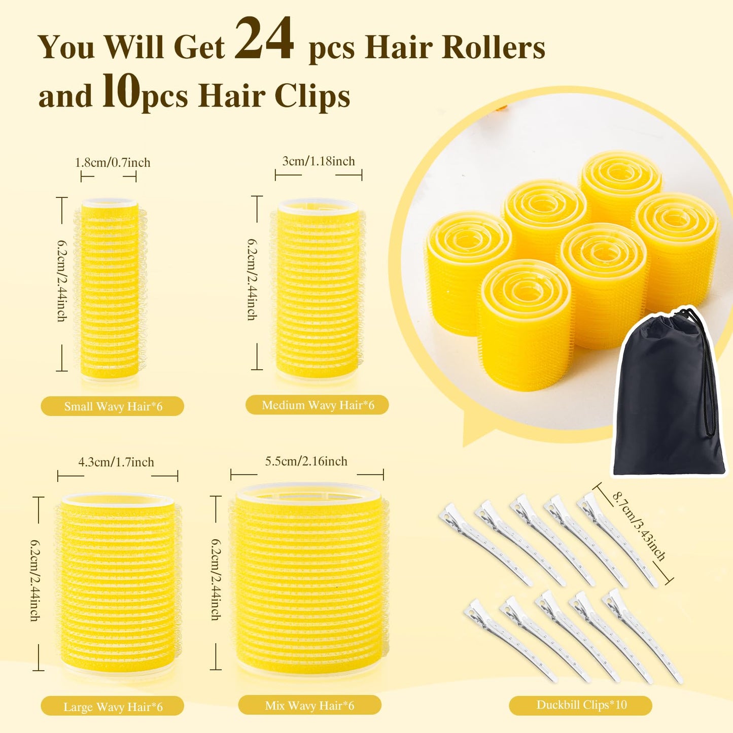 34Pcs Hair Roller Set with Clips, Self-Grip Hair Rollers for Volume, Salon Hairdressing Curlers and DIY Hairstyles, 4 Sizes Rollers Hair Curlers in a Storage Bag