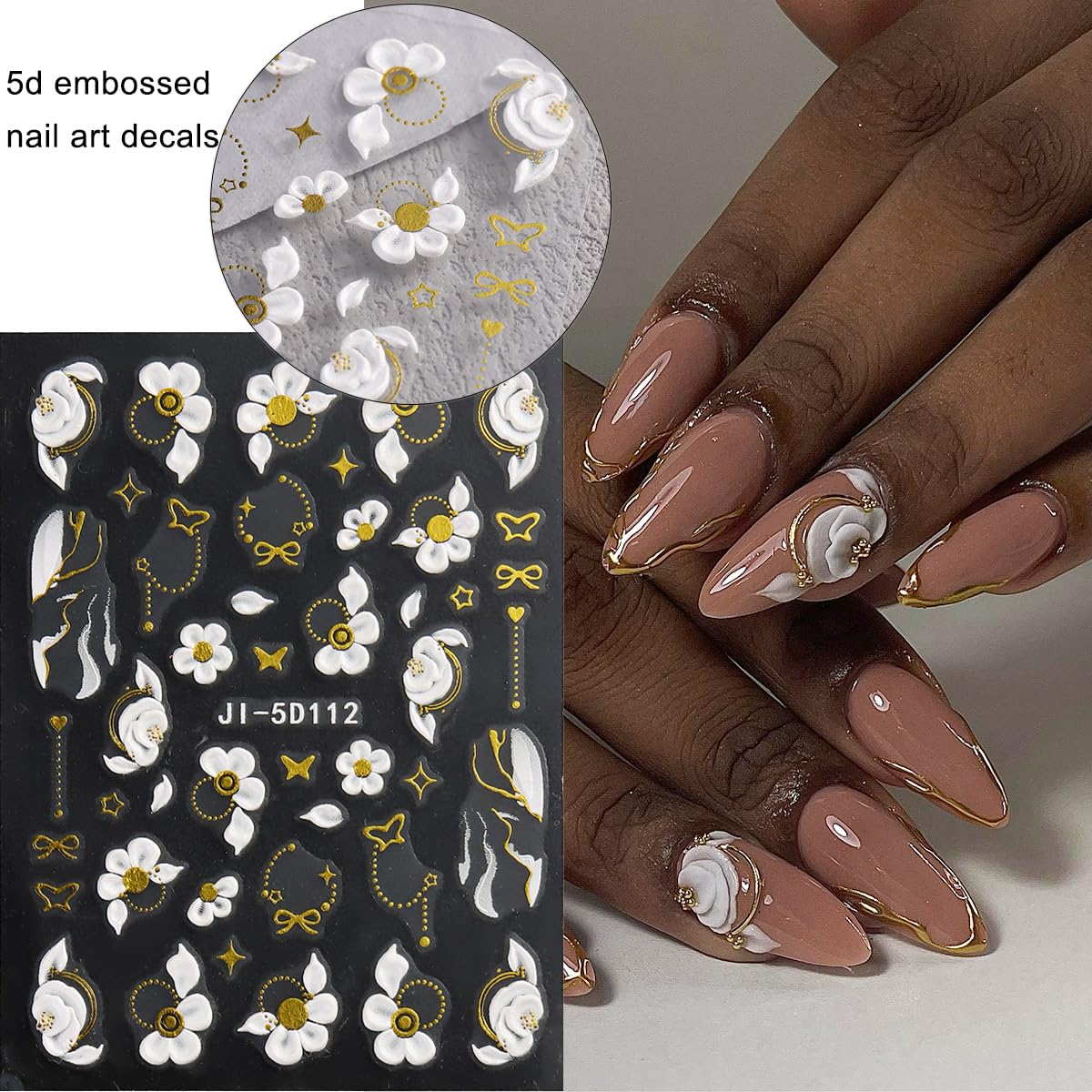 Fcozpjk Acrylic Flowers for Nails 4 Sheets 5D Embossed Floral Nail Decals Colorful Flowers Nail Stickers, Gold Strip Lines Swirls French Tip Nail Stickers, Daisy Butterfly Stickers Pegatinas Uñas