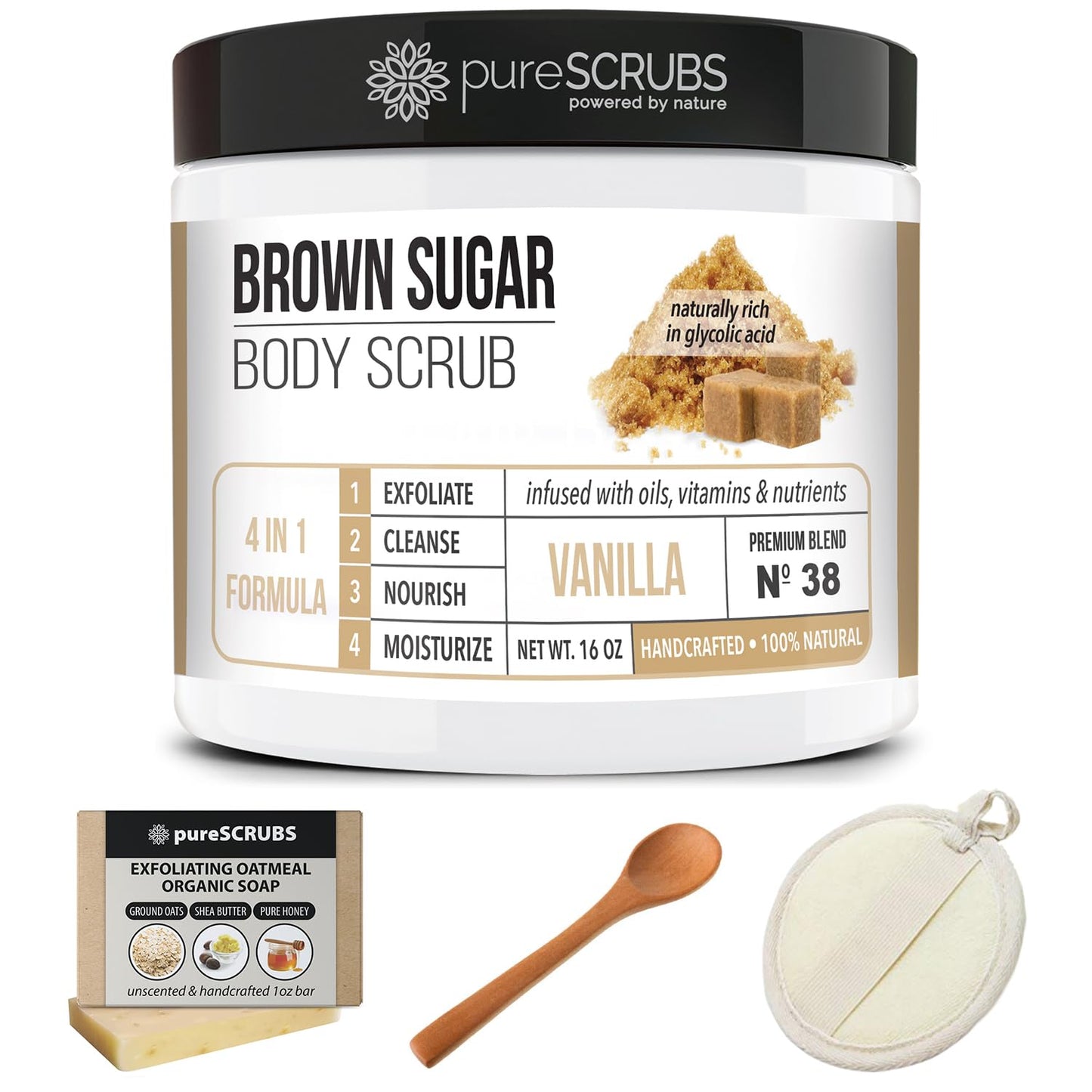 pureSCRUBS Premium Organic Brown Sugar VANILLA FACE & BODY SCRUB Set - Large 16oz, Infused With Organic Essential Oils, Glycolic Acid & INCLUDES Wooden Spoon, Loofah & Mini Exfoliating Bar Soap