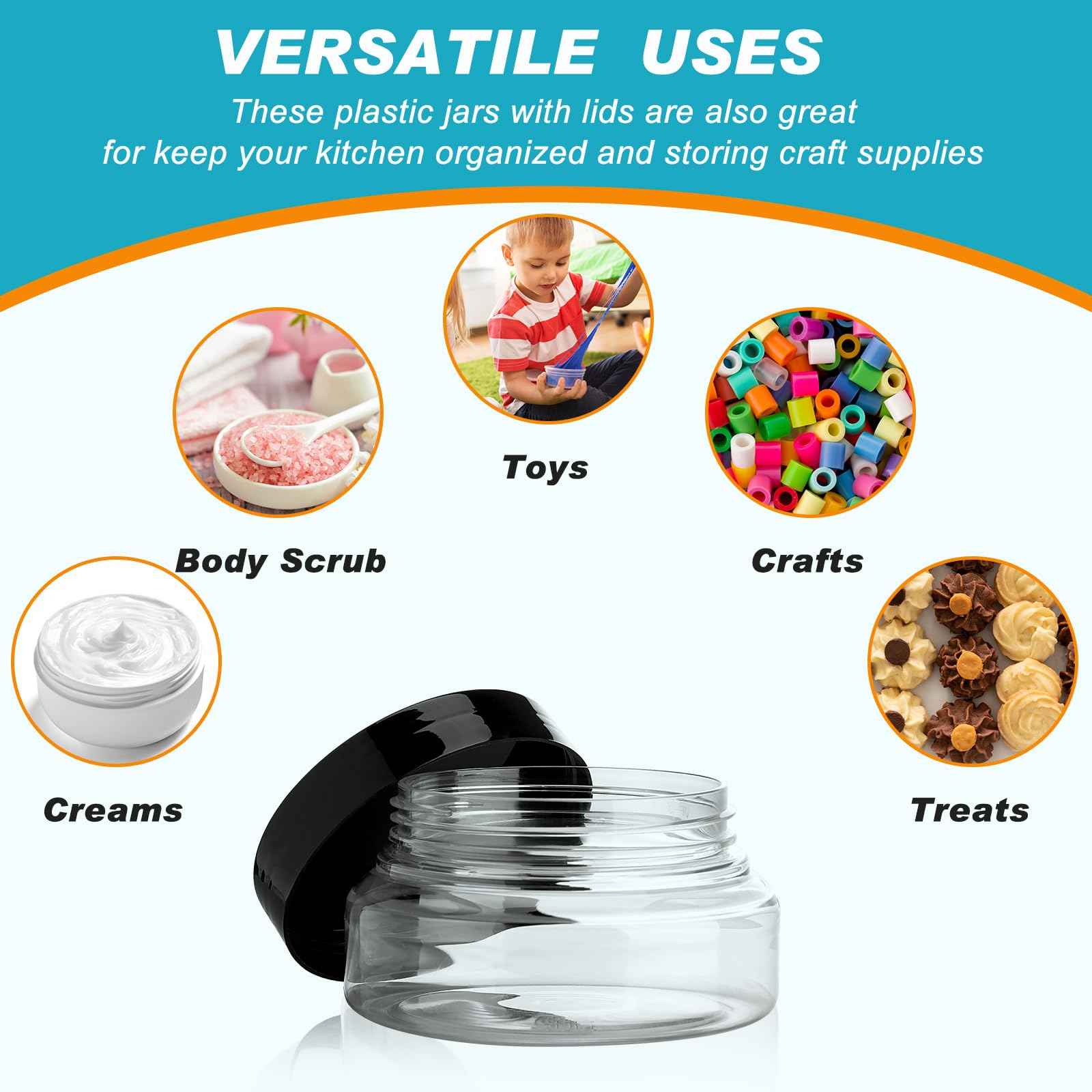 Tessco 48 Pcs Plastic Jars with Lids and Labels Body Scrub Jars Round Refillable Cosmetic Containers Empty Butter Travel Containers for Sugar Scrub Lotions Cosmetics Cream (5 oz,Clear)