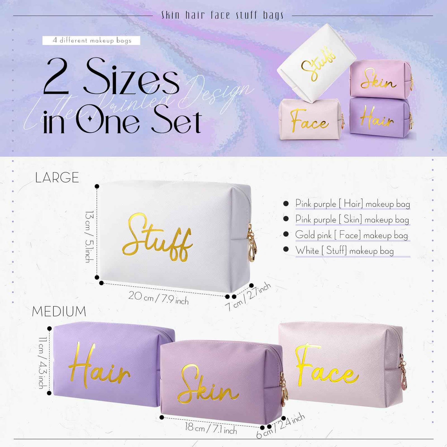 Aliceset 4 Pcs Preppy Makeup Bags Set Cute Travel Cosmetic Pouch Face Skin Hair Stuff Aesthetic Makeup Bags, PU Leather Waterproof Zipper Toiletry Pouch Gifts for Women Girl(Pink Purple)