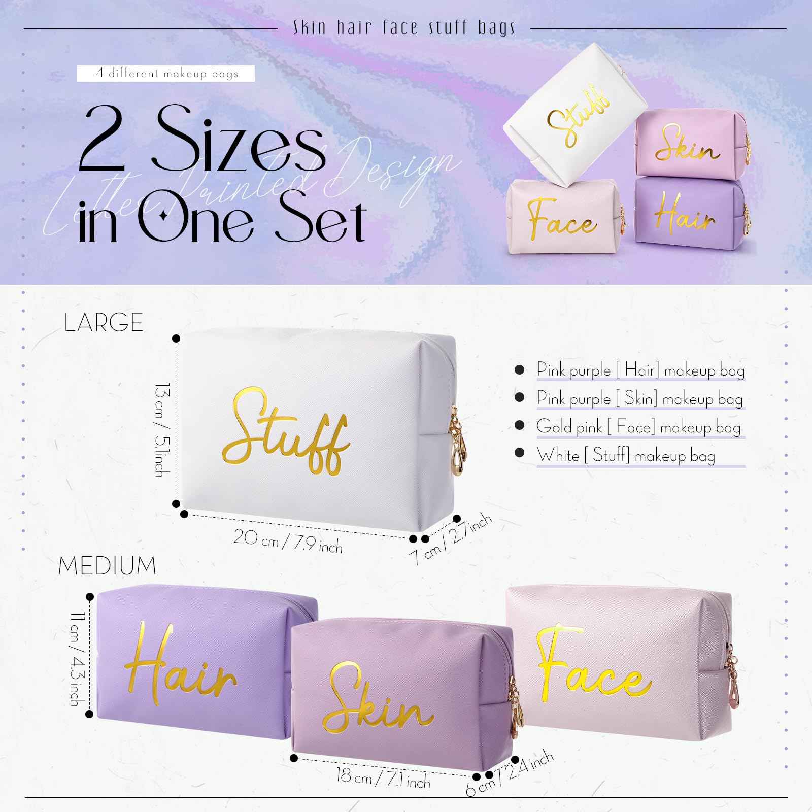 Aliceset 4 Pcs Preppy Makeup Bags Set Cute Travel Cosmetic Pouch Face Skin Hair Stuff Aesthetic Makeup Bags, PU Leather Waterproof Zipper Toiletry Pouch Gifts for Women Girl(Pink Purple)