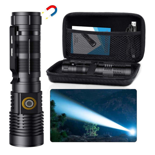 Small Tactical Flashlights 20000 High Lumens - 1500 Meters Long Beam Super Bright LED Magnetic Flashlight USB Rechargeable Zoomable 5Modes Long Beam Spotlight Flashlight for Hiking, Camping, 1pcs