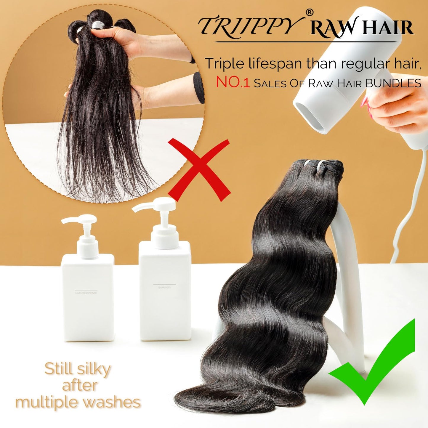 TRIIPPY Raw Body Wave Human Hair Bundles,Triple Lifespan Than Regular Virgin Hair No.1 Sales Of Raw Hair Bundles(16 18 20 Inches) Keep Silky And Smooth After Multiple Washes 100% indian Raw Hair