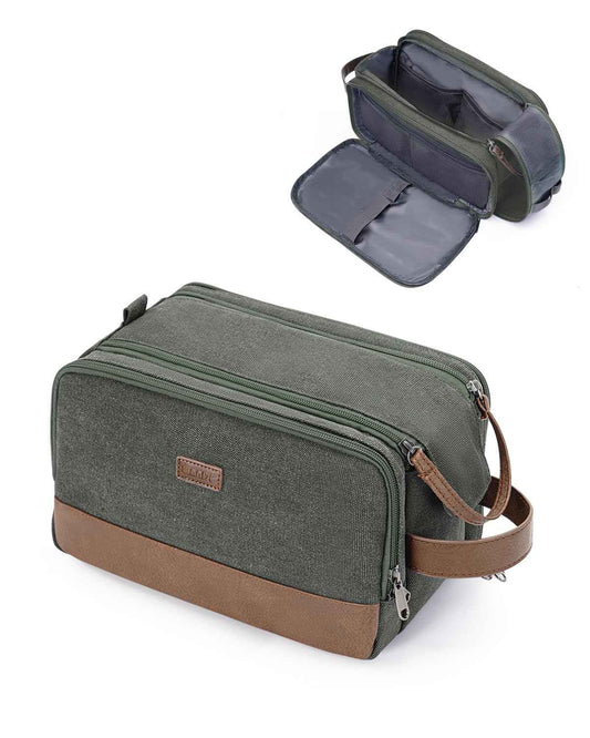 WANDF Toiletry Bag for Men Travel Toiletry Organizer Canvas and Leather Dopp Kit Water-Resistant Shaving Bag for Travel Accessories (Green, Medium)