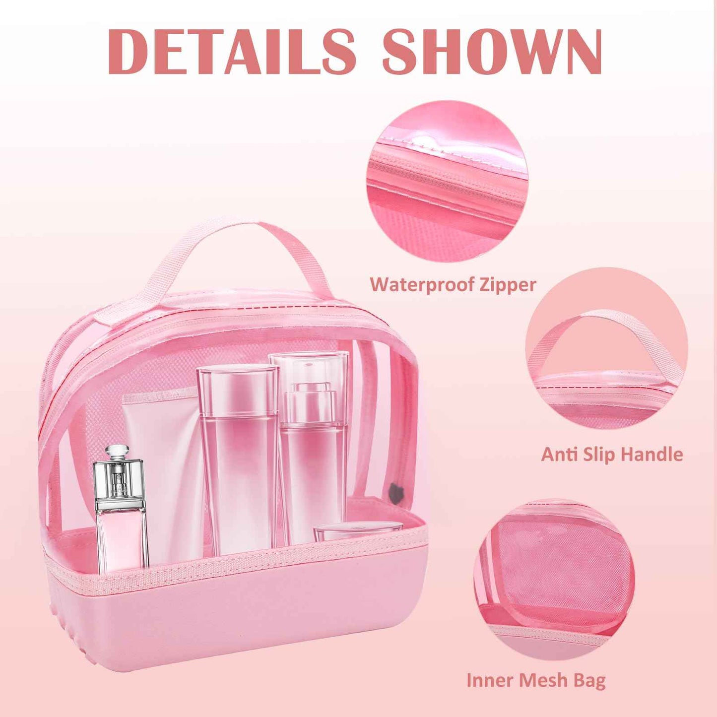 Chokoter Clear Small Makeup Bag, Makeup Pouch Toiletry Bags for Traveling Women, Cosmetic Bag with Waterproof Anti-slip EVA Bottom (Pink)