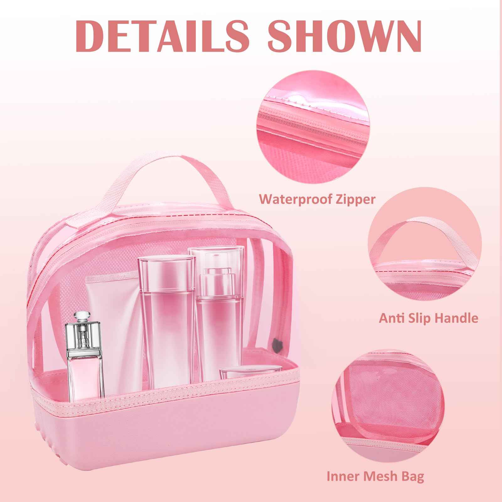 Chokoter Clear Small Makeup Bag, Makeup Pouch Toiletry Bags for Traveling Women, Cosmetic Bag with Waterproof Anti-slip EVA Bottom (Pink)