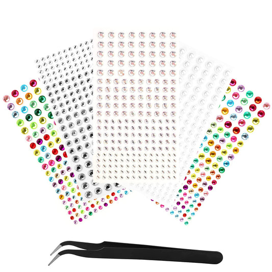 LiBiuty 5 Sheets 1100pcs Self Adhesive Rhinestones Stickers Flatback Multicolor Gemstones Pearl and Crystals Set Multiszie Rhinestones for Crafts, Clothes, bady decorations with Tweezers