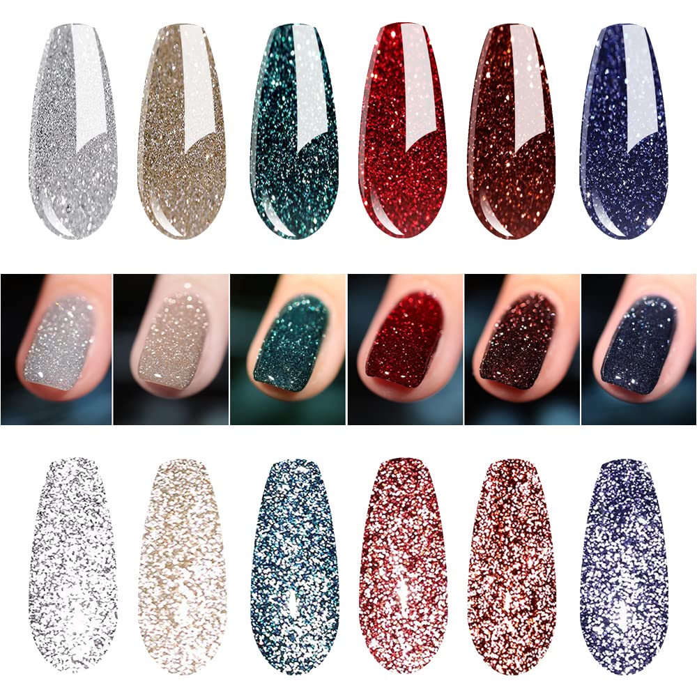 Vishine Reflective Shinny Glitter Gel Nail Polish, Explosion Diamond 6 Colors Charming Red, Brown,Blue, Noble Golden, Classic Sliver Holographic UV LED Soak Off Home Manicure Nail Art 8ml