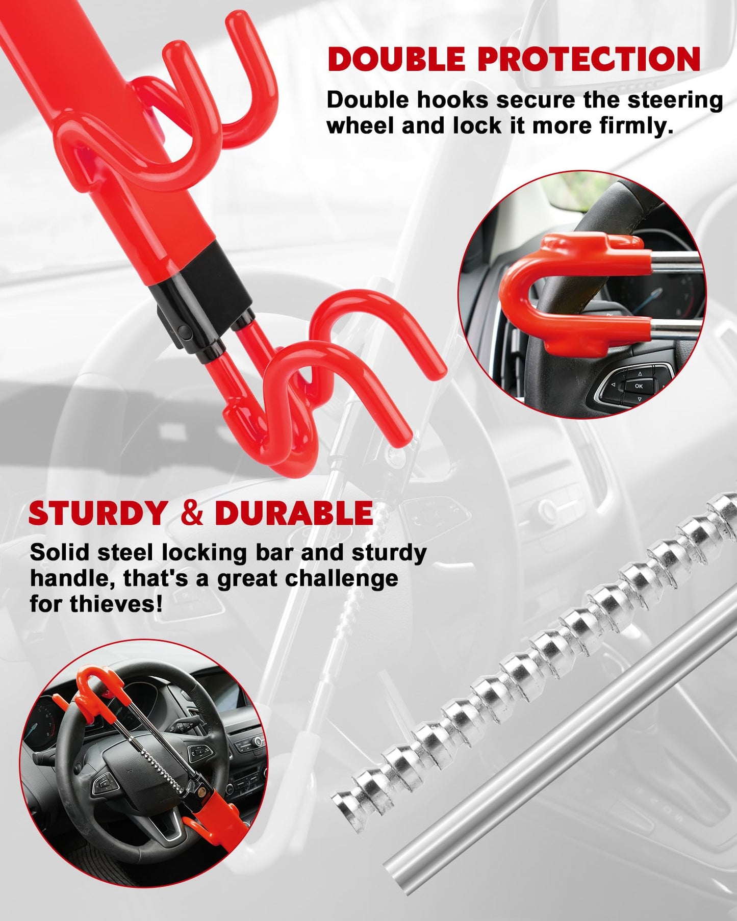 Tevlaphee Steering Wheel Lock Anti-Theft Car Device Heavy Duty Security Car Lock Antitheft Locking Devices Great Deterrent Adjustable Car Wheel Lock Anti Theft for Vehicle Truck SUV with 3 Keys (Red)