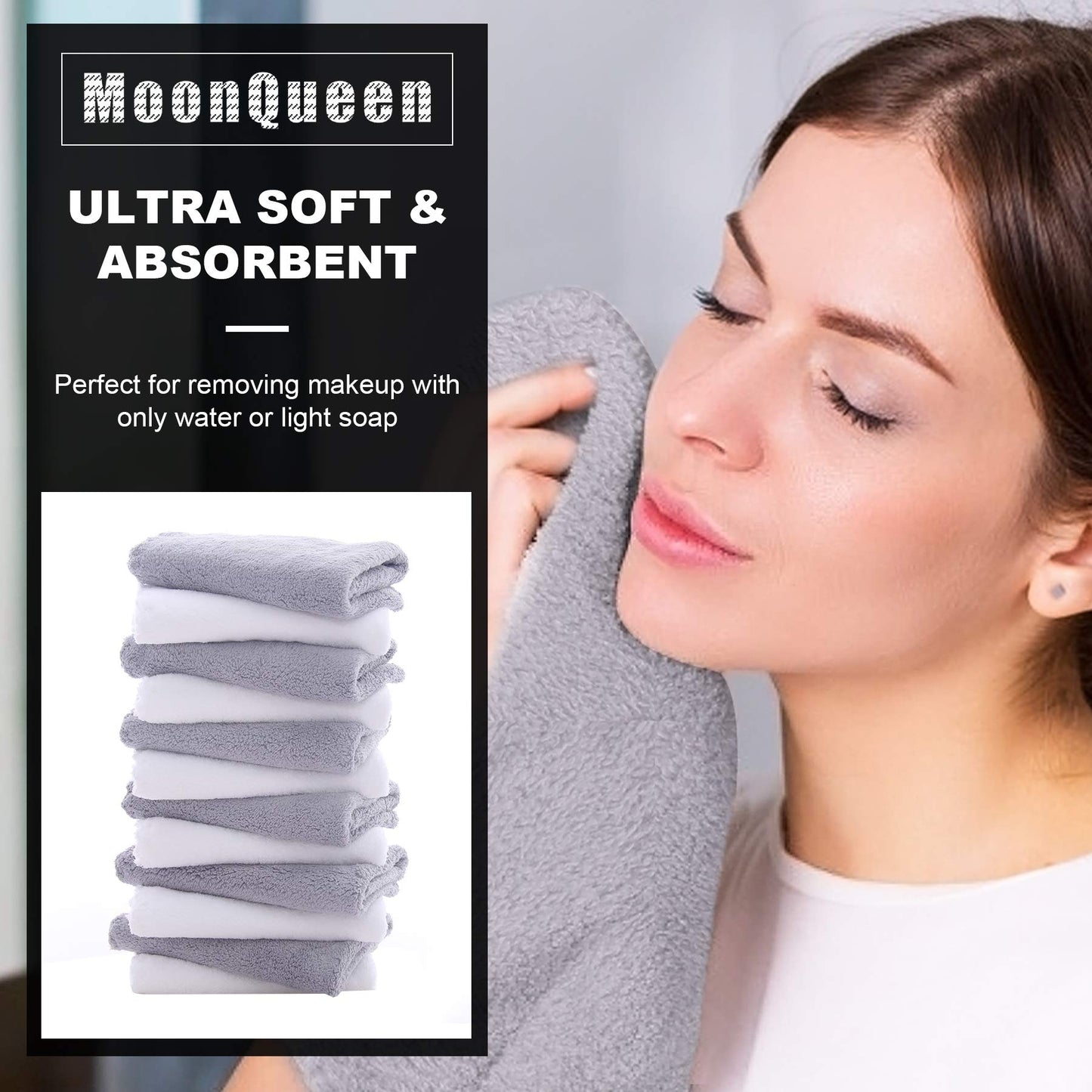 MOONQUEEN Microfiber Facial Cloths Fast Drying Washcloth 12 pack - Premium Soft Makeup Remover Cloths - Highly Absorbent