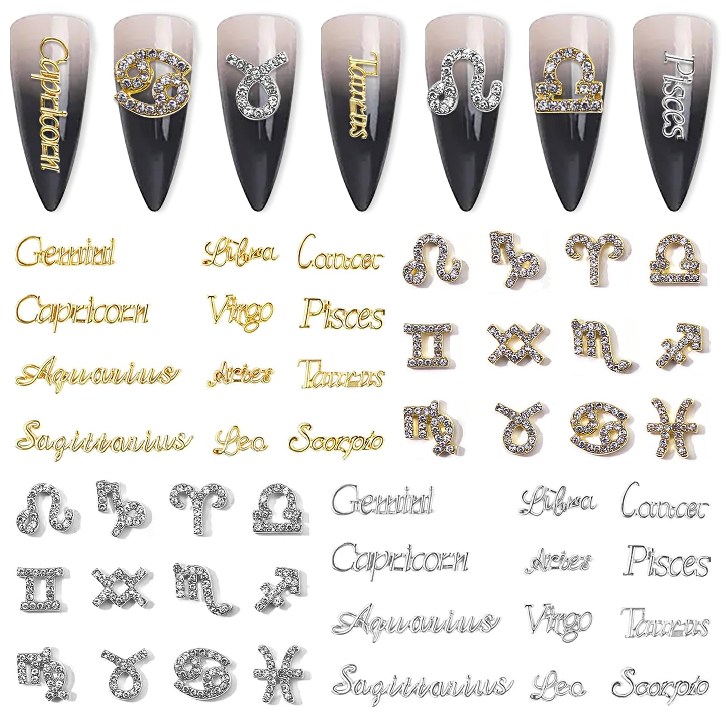 DANNEASY 48pcs Zodiac Nail Charms 3D Gold Silver Zodiac Signs Nail Letters Flat-back Nail Rhinestones Diamond Charms for Nails Hollow Nail Studs Alloy Nail Jewels Nail Art Decoration