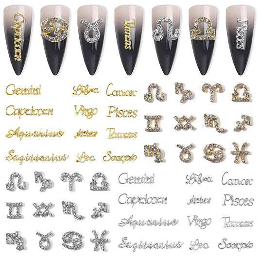 DANNEASY 48pcs Zodiac Nail Charms 3D Gold Silver Zodiac Signs Nail Letters Flat-back Nail Rhinestones Diamond Charms for Nails Hollow Nail Studs Alloy Nail Jewels Nail Art Decoration