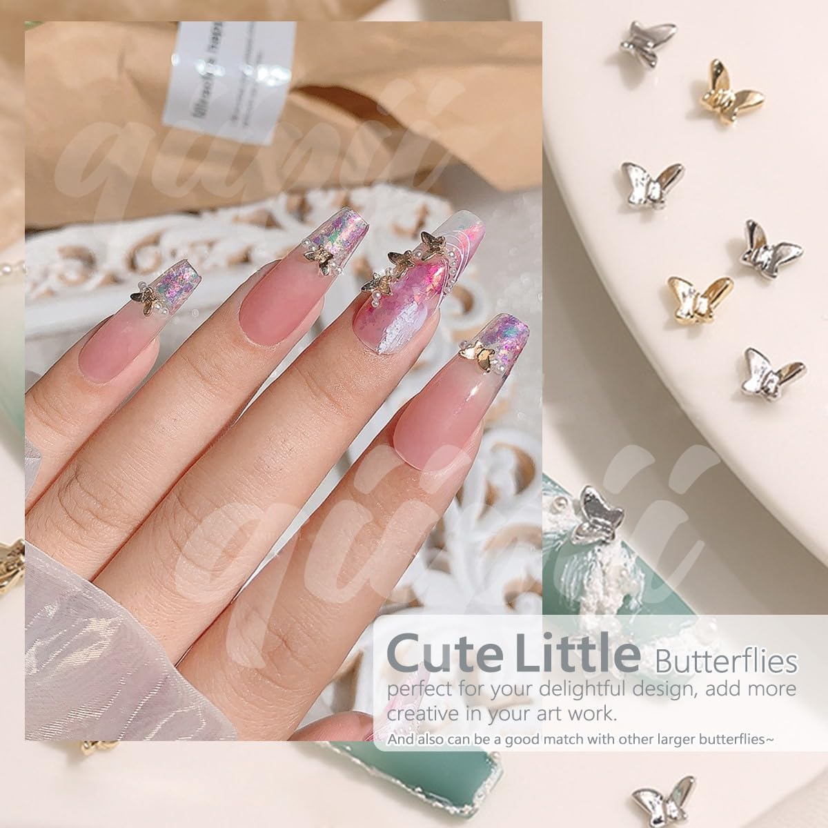 Butterfly Nail Charms, 58pcs 3D Golden Silver Butterfly Charms for Acrylic Nails, 8 Butterflies Nail Rhinestones Gems Charms +50 Alloy Studs, Nail Art Crystals Diamonds Decor Supplies for Nails DIY