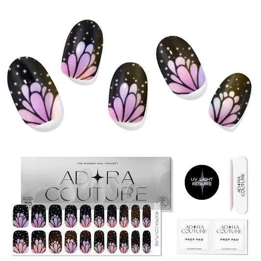 ADORA COUTURE Semi Cured Gel Nail Strips Kit | 20pcs Uv Gel Nail Stickers with Uv Light | Holo Black Butterfly Nail Wraps | Gel Stickers for Nails Uv Light (Night Moth)