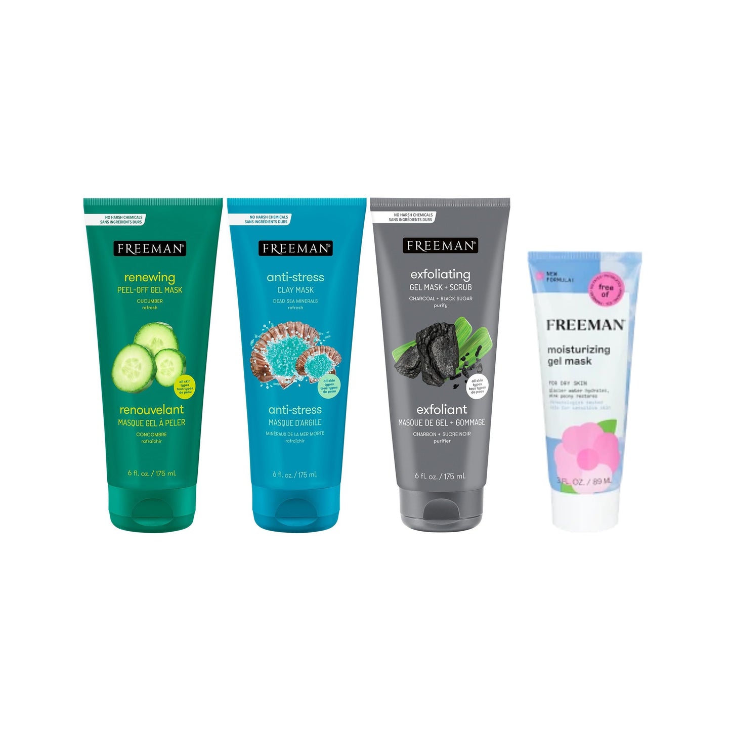 Freeman Facial Mask 4 Count Variety Bundle, Hydrating & Cleansing Skincare, Anti-Stress, Cucumber, & Charcoal Facial Treatments, Peel-Off, Clay, & Gel Masks & Scrub, 3: 6 fl. oz. Tubes & 1: 3 oz. Tube