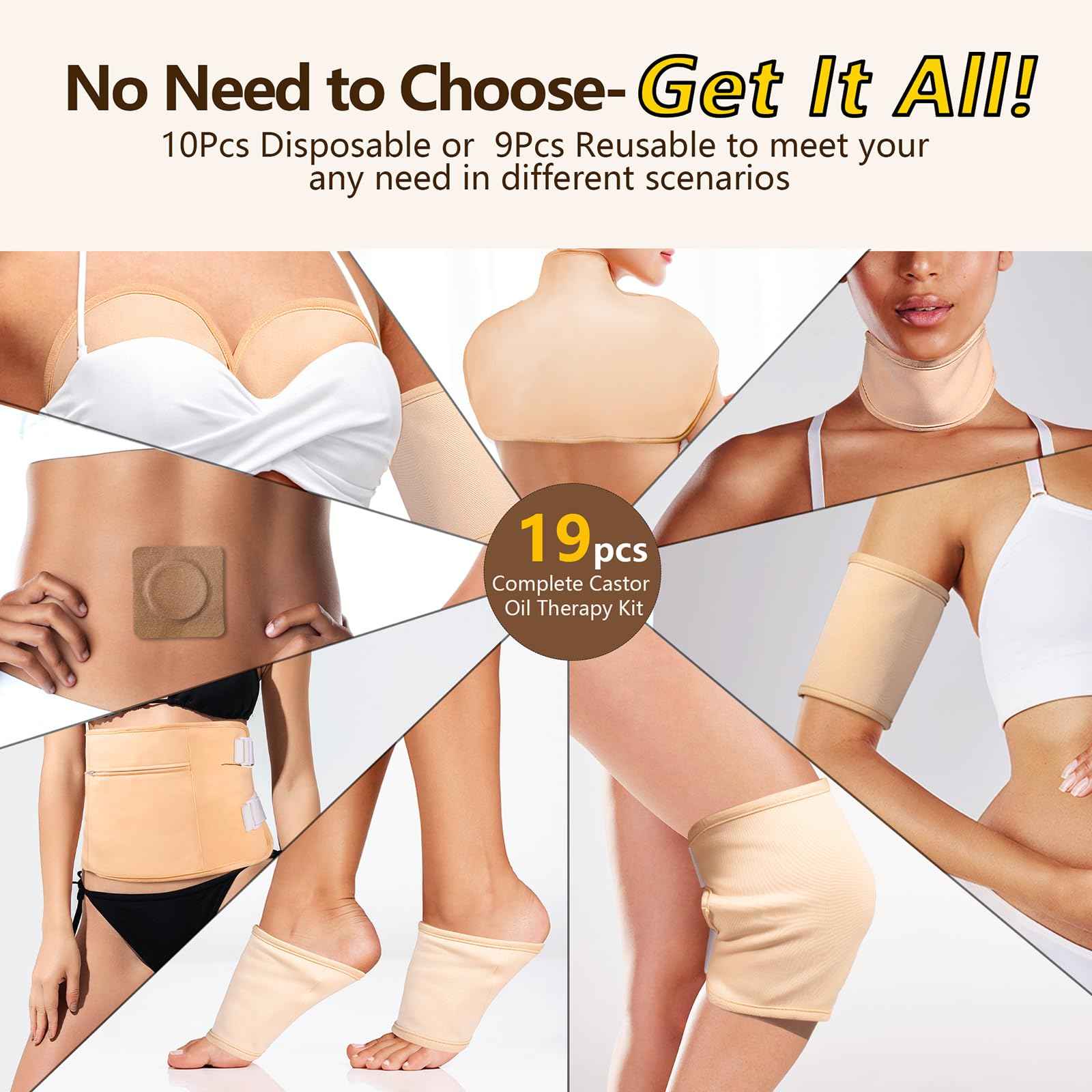 19Pcs Castor oil pack wrap,including 9pcs organic castor oil pack and 10pcs disposable patches for belly button,reusable wrap for entire body,adjustable straps,waterproof,anti leak