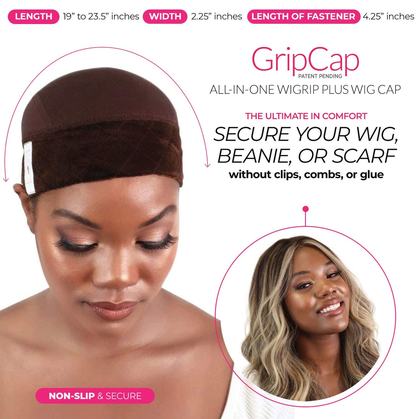 MILANO COLLECTION WiGrip & GripCap Combo, The Original Comfort Grip Band & Wig Grip Cap, Adjustable Wig Band for Tension-Free Glueless Wig, Nonslip Wig Headband, Brown, 2 Pack