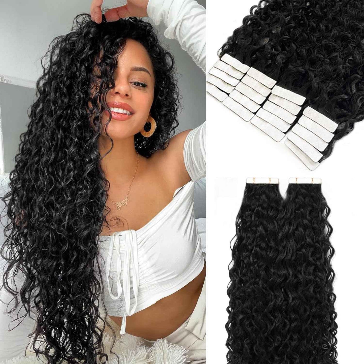 Afro Curly Tape in Hair Extensions Human Hair 18 Inch Seamless Skin Weft PU Tape Ins Remy Hair Tape ins Deep Curly Wave Tapes in Extensions for Short Hair 20pcs/Pack 50G 3-4 Packs for Full Head