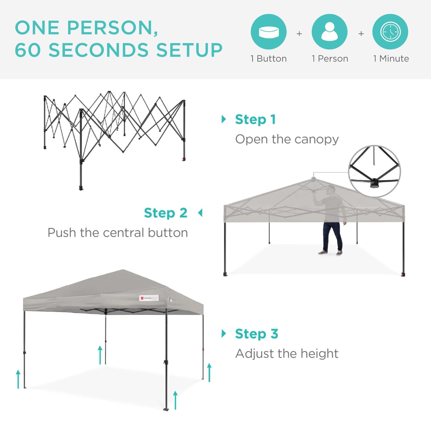 Best Choice Products 8x8ft 1-Person Setup Pop Up Canopy Tent Instant Portable Shelter w/ 1-Button Push, Case, 4 Weight Bags - Light Gray