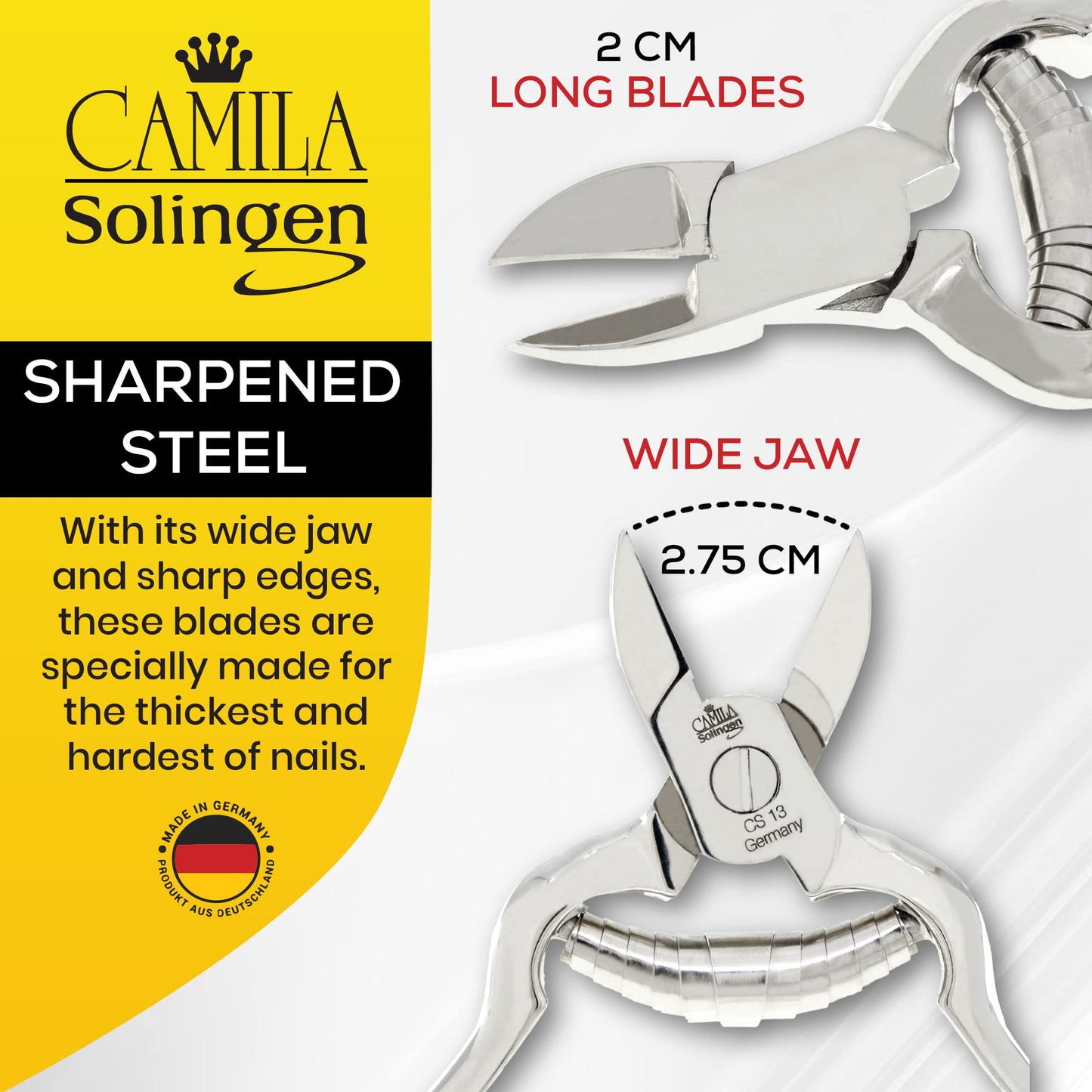 Camila Solingen CS13 Large Heavy Duty Toe Nail Clipper for Thick Toenails, Manicure & Pedicure, Double Barrel Spring. Super Sharp Trimmer Curved Stainless Steel 20mm Blade Made in Solingen, Germany