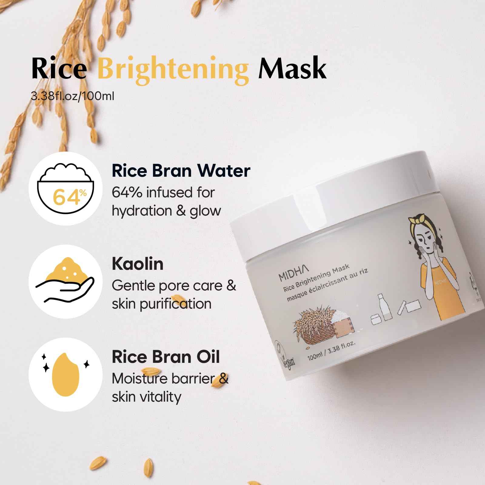 MIDHA RICE MASK, 3.38fl.oz/100ml, Hydrating, Smoothing, for Dull, Rough Skin, Pore Clearing, Wash off Pack Facial Mask, Mud Texture, Uneven Skin Tone