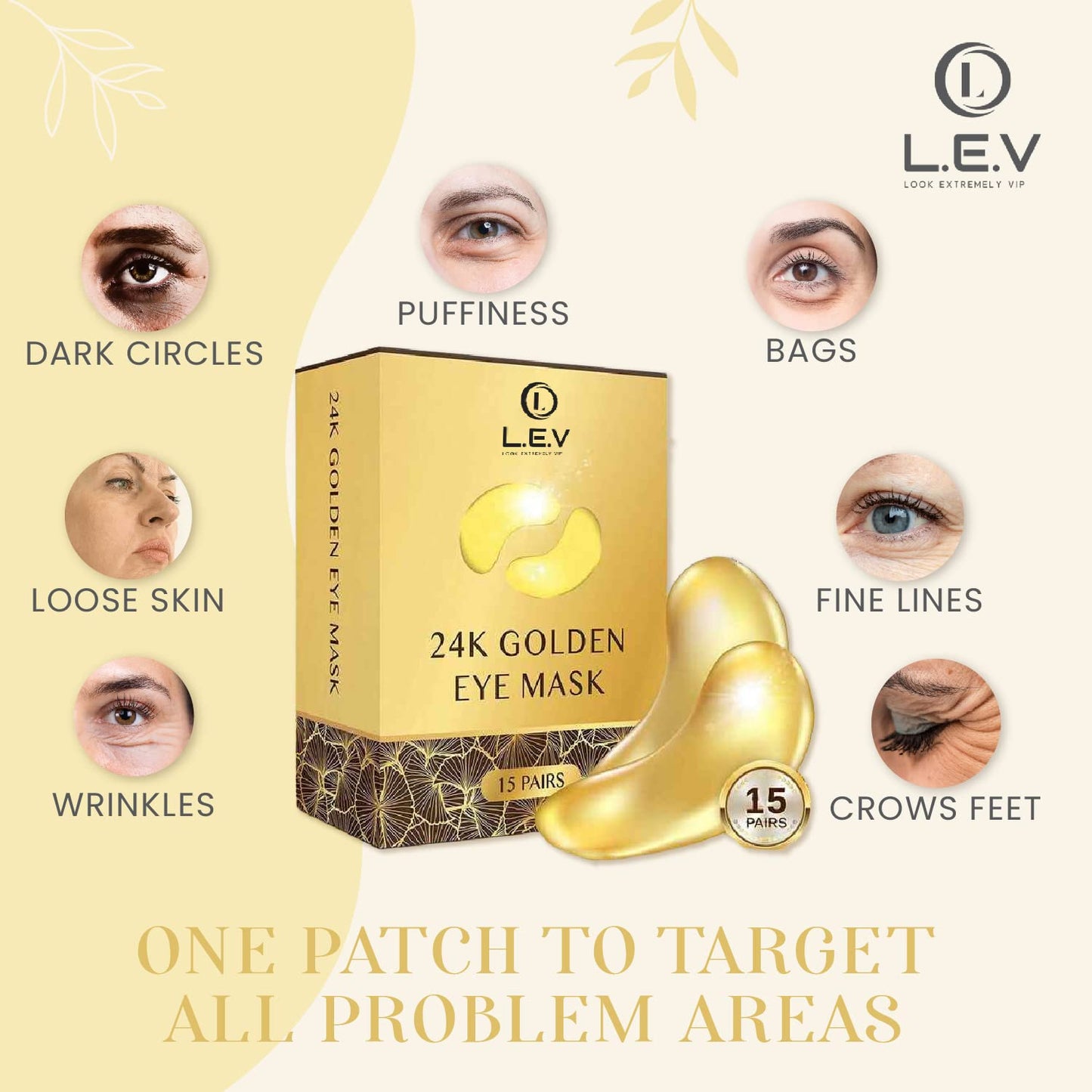 Look extremely vip LEV - 24K Gold Eye Mask for Puffy Eyes & Dark Circles - Refreshing Treatment to Reduce Fatigue, Wrinkles, and Puffiness - 15 Pairs of Eye Mask Skincare