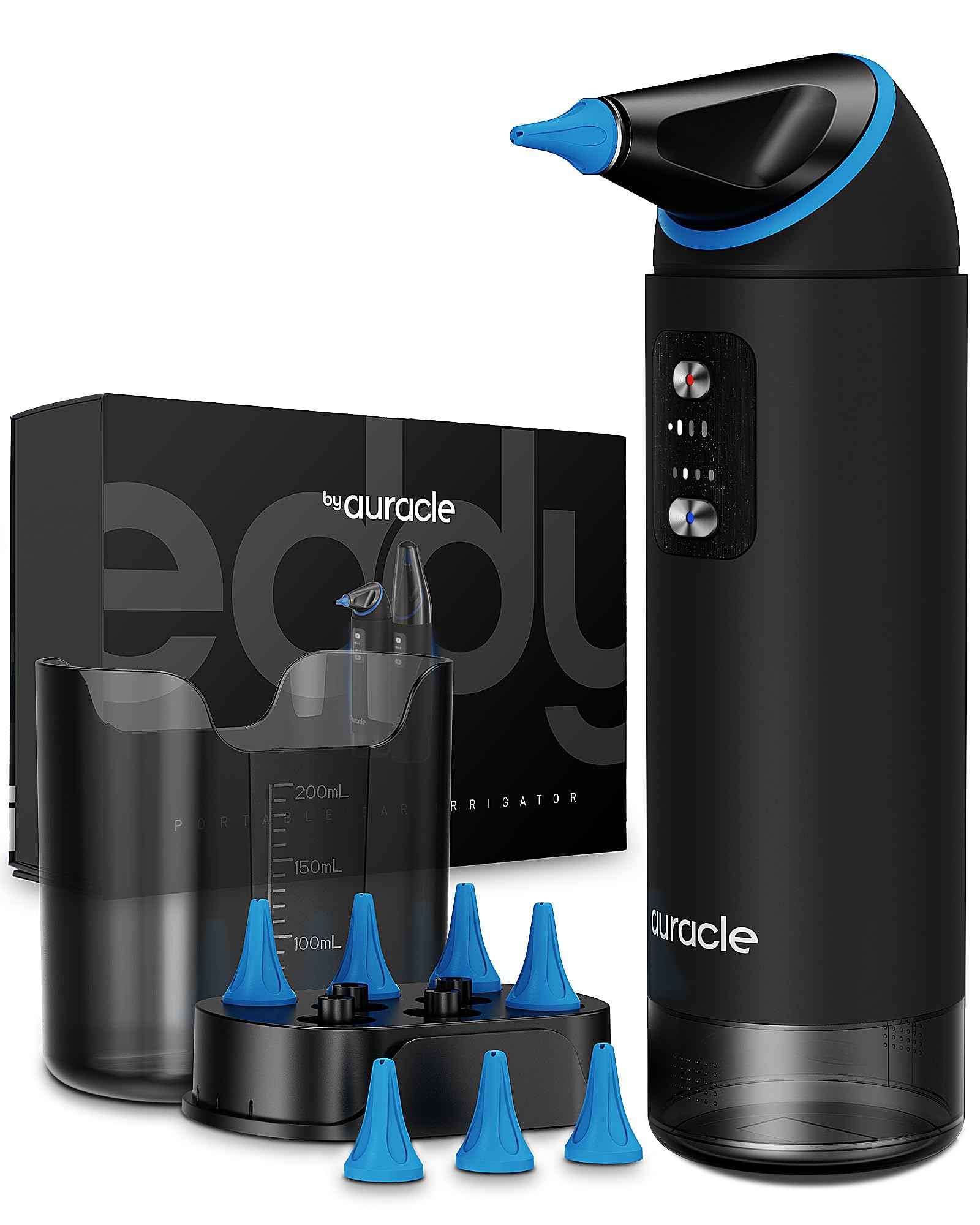 Auracle Ear Wax Removal - Eddy Ear Cleaner, Ear Cleaning Kit With 4 Water Pressure Modes, Safe and Effective Ear Wax Cleaner w/ 8 Irrigation Tips, Electric Ear Irrigator, 55dB Quite, IP65 Shower Ready