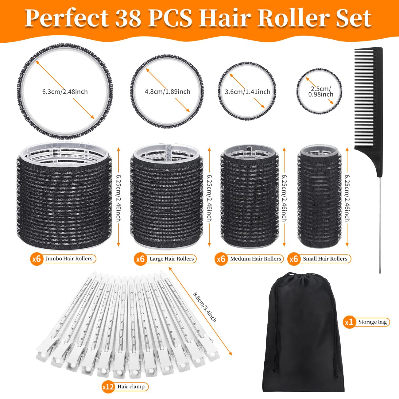 38PCS Hair Rollers Hair Curlers, Rollers, Curlers for Long Hair Thick, Jumbo Large Medium Small Rollers Set, 12 Stainless Steel Clips and Storage Bag