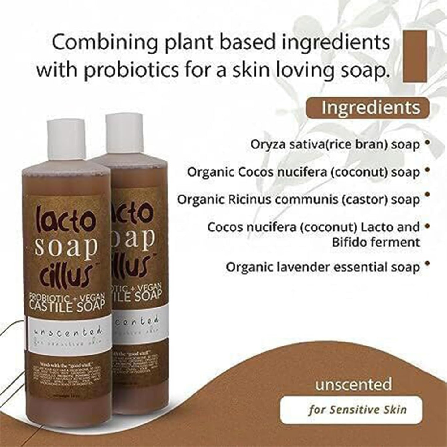 Probiotic+Vegan Castile Soap Lactosoapcillus - Naturally Refreshing Multi-Purpose Liquid Soap - Scent Unscented - Plant-Based Ingredients with Probiotics - No Artificial Fragrances (16oz)