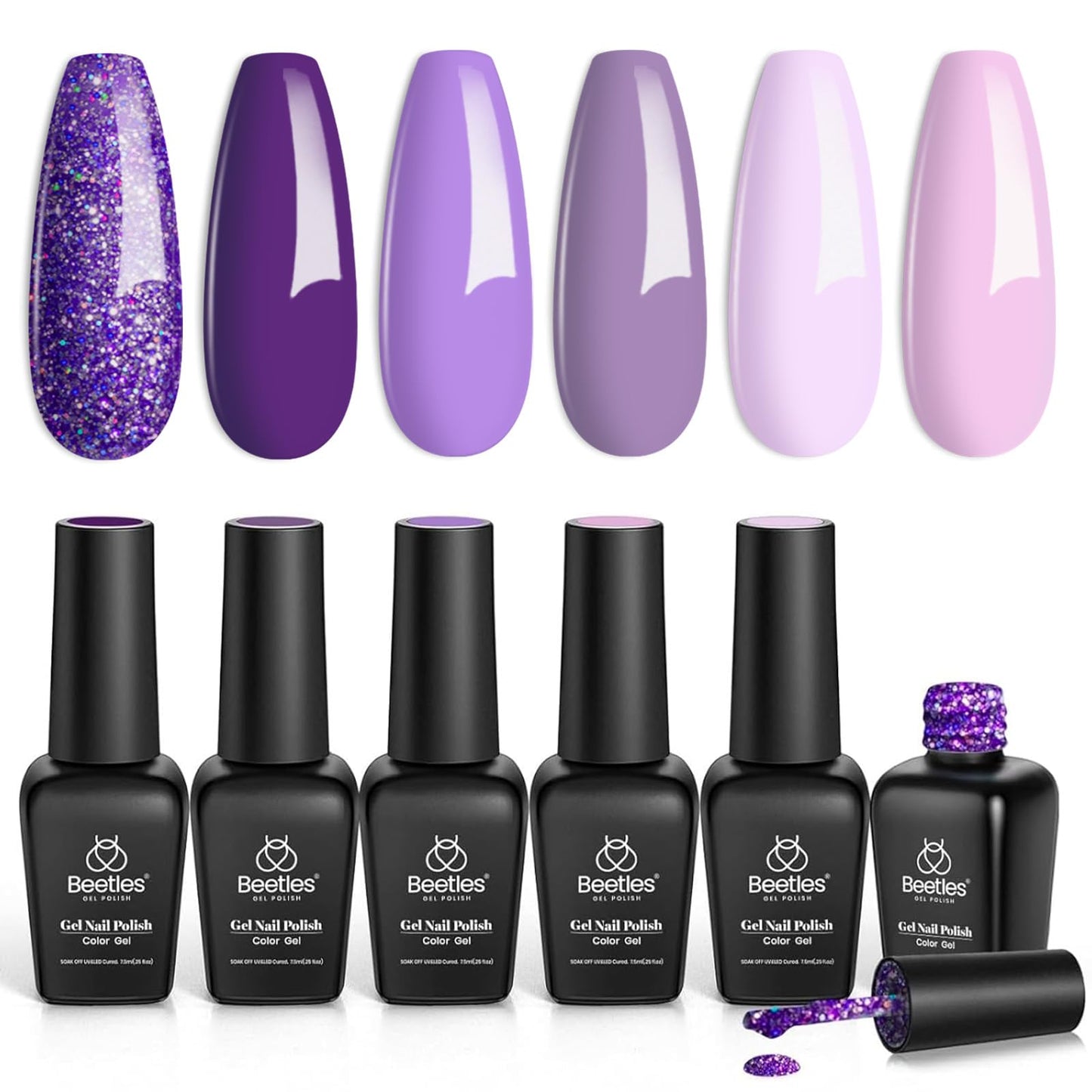 Beetles Purple Gel Nail Polish Set, 6 Colors Gel Polish Purple Glitter Pastel Pink lavender Nail Polish Soak Off U v LED Gel Nail Kit Diy Nail Art Manicure at Home Gift for Women, 2024 New Trend