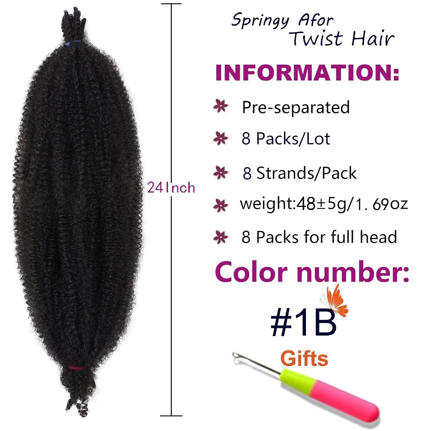 ZRQ 8 Packs Pre-Separated Springy Afro Twist Hair 24 Inch Ombre Marley Crochet Braiding Hair For Distressed Soft Locs Synthetic Hair Extension For Black Women 8 Strands/Pack (1B/30#)