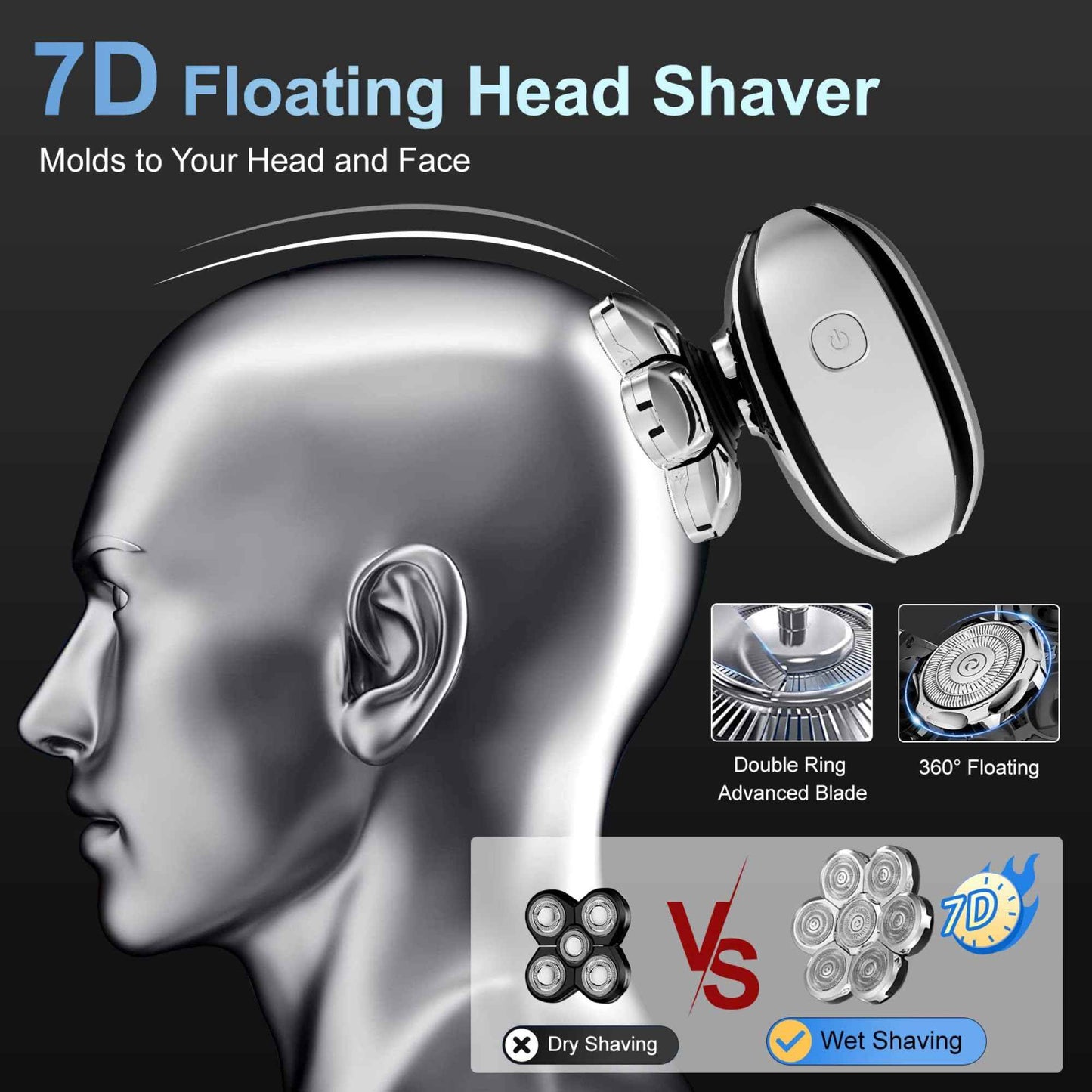 Head Shavers for Bald Men, Electric Razor for Bald Men, Waterproof Head Shavers, 3 in 1 Grooming Kit, 7D Rechargeable Rotary Shaver with Led Display