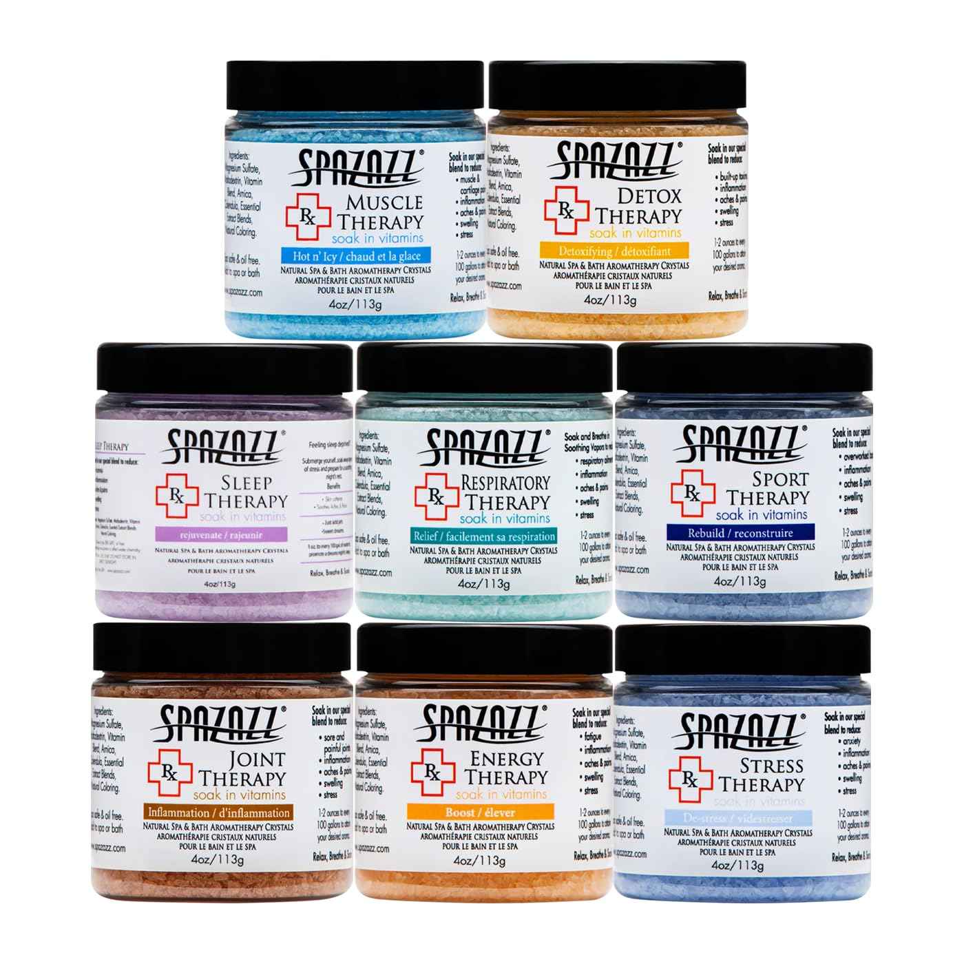 Spazazz RX Therapy Hot Tub Spa and Bath Aromatherapy Salt Crystals 4oz 8 Pack Sample Bundle Includes Muscle - Joint - Detox - Stress - Respiratory - Sport -Sleep - Energy. Great for Muscles & Joints
