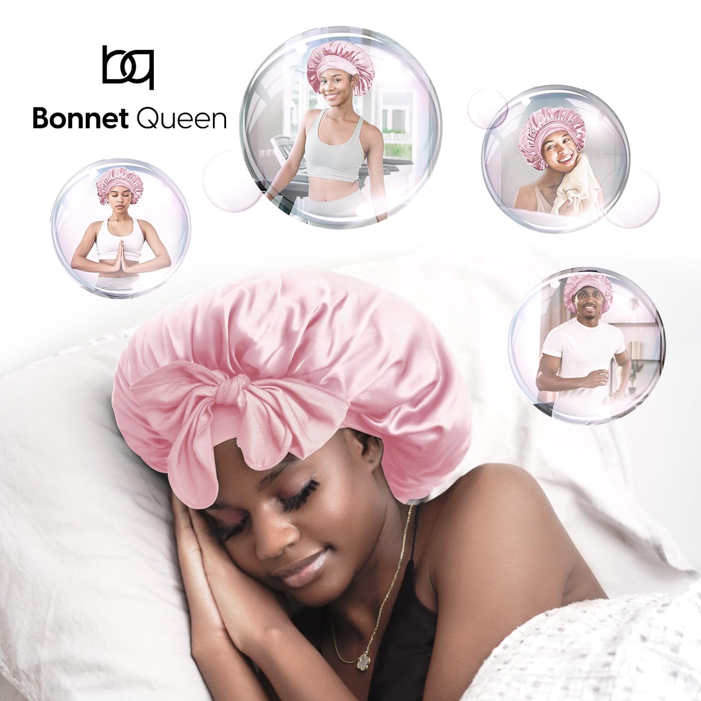 BONNET QUEEN Silk Bonnet for Sleeping Satin Hair Bonnet Adjustable Bonnet Pink Bonnets Sleep Bonnet for Women Girls Night Bonnets for Natural Curly Hair