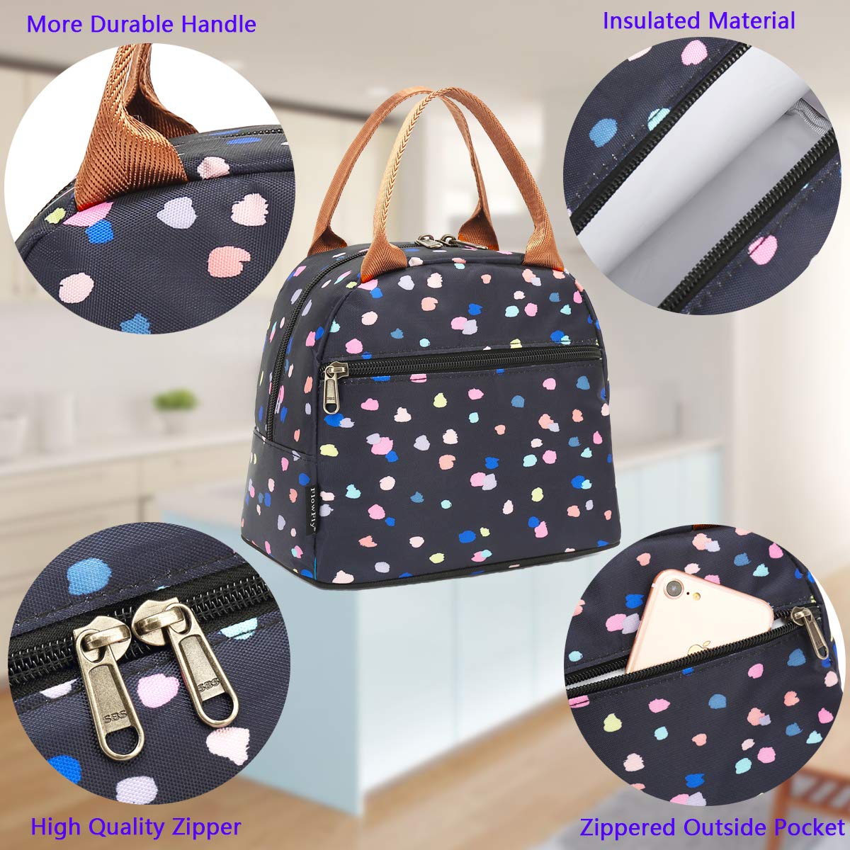 FlowFly Lunch Bag Tote Bag Lunch Organizer Lunch Holder Insulated Lunch Cooler Bag for Women/Men, Black Flower