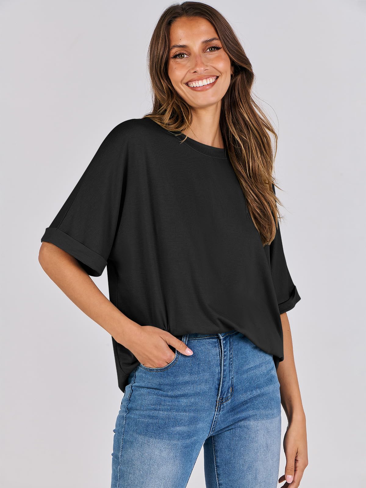 ANRABESS Women's Oversized T Shirts Short Sleeve Crewneck Summer Tops Casual Loose Basic Tee Shirts 2024 Trendy Clothes Black Small