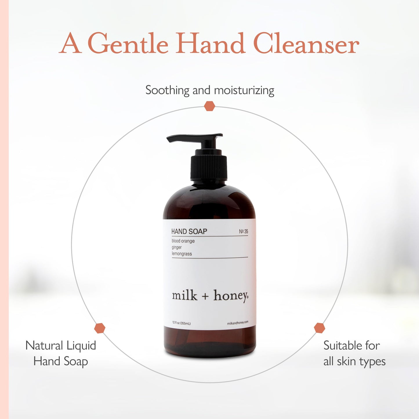 milk + honey Liquid Hand Soap No. 35, Moisturizing Hand Soap with Blood Orange, Lemongrass, and Ginger, Bright and Citrus Natural Hand Soap, 12 Fl Oz