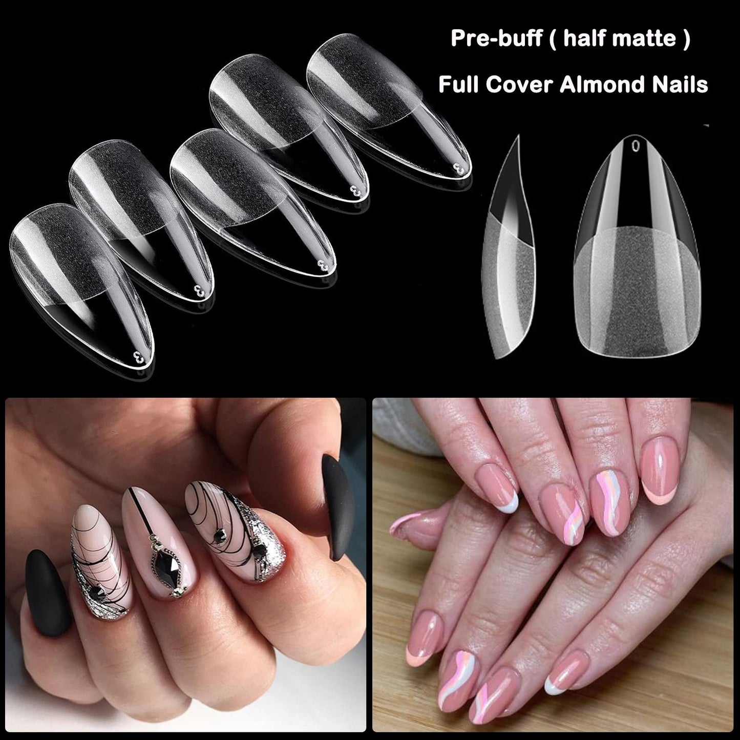 LoveOurHome 600pc Almond Gel X Nail Tips Short Fake Nails Full Cover Short Stiletto Almond False Nail Clear Artificial Nail Fingernail Soft Gel Nail Tips for Acrylic Nail Extesion Press Nail Making