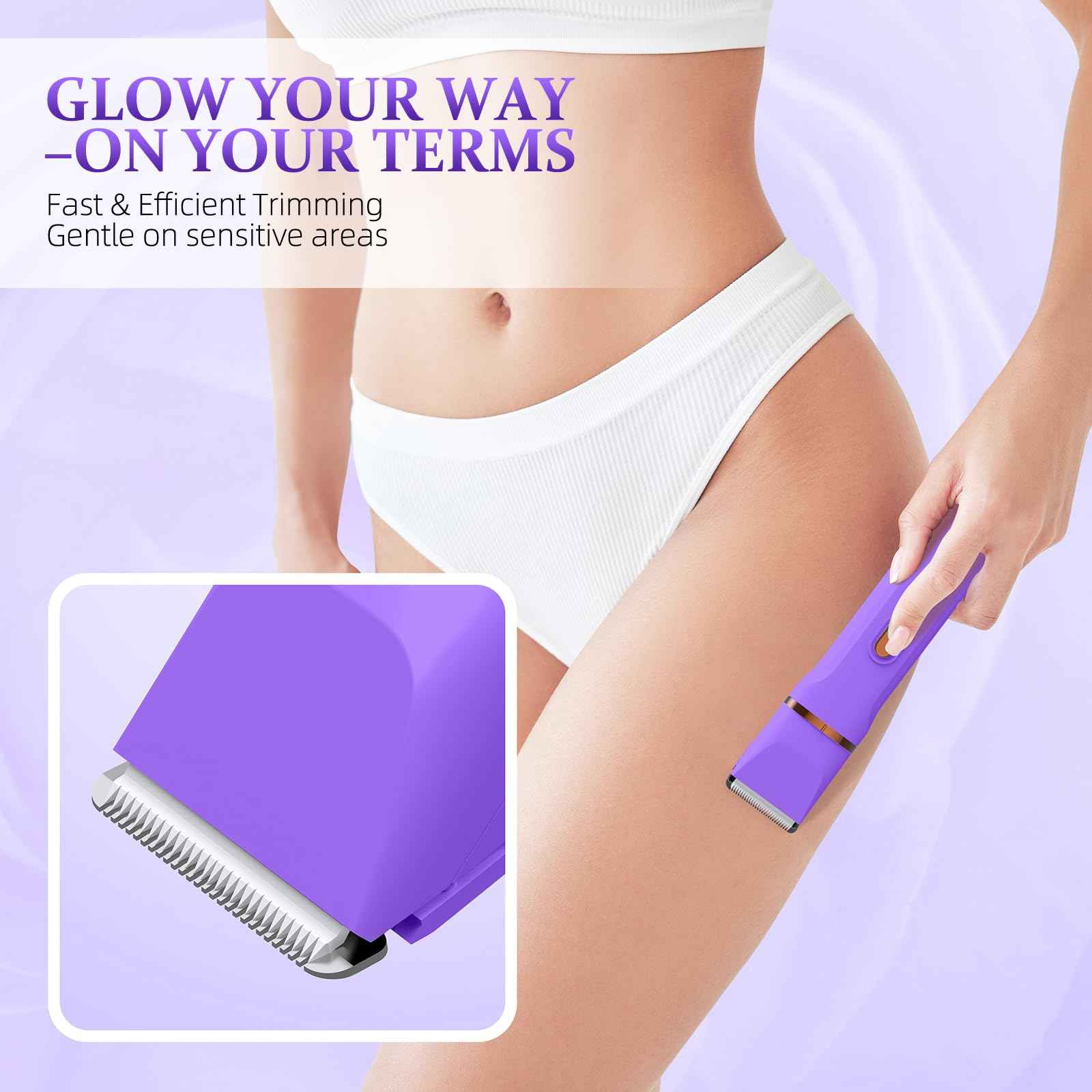 HOHOLE 5-in-1 Bikini Trimmer for Women, IPX7 Waterproof Electric Razors Shaver, Cordless Body Hair Trimmer, Facial & Pubic Hair Removal, Ceramic Blade (Light Purple)