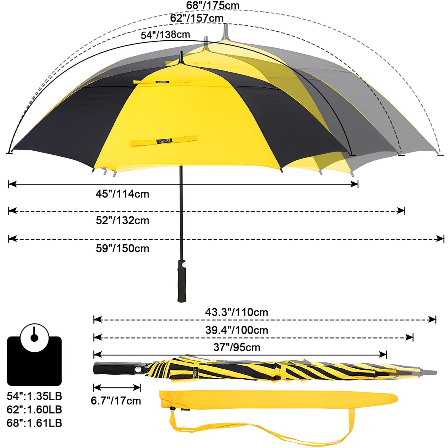 G4Free 54 Inch Automatic Open Golf Long Umbrella Extra Large Oversize Double Canopy Vented Windproof Waterproof Stick Umbrellas (Black/Yellow)