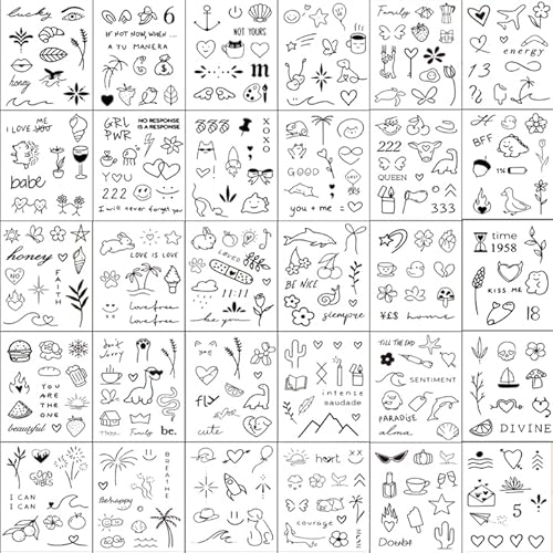 30 Sheets 400 Pcs Tiny Small Temporary Tattoos Stickers For Women Men Finger Hands, Realistic Black Long Lasting Waterproof Fake Temp Tattoo For Adult Body Finger Neck Decation Q722