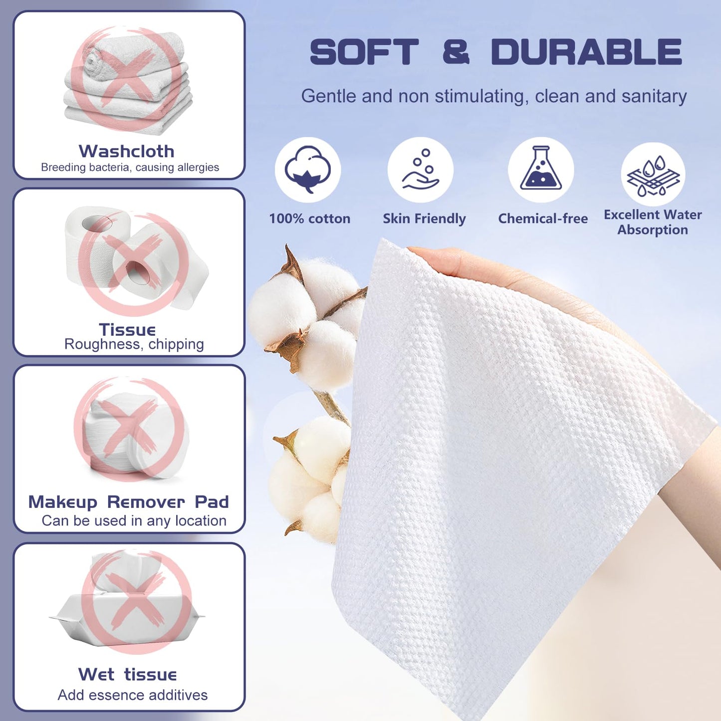 Disposable Face Towel, 600 Count Face Clean Towels, for Washing Soft Cotton Dry Wipes Facial Cloths Towelettes for Washing and Drying, Facial Tissue for Cleansing, Skincare and Makeup Remover