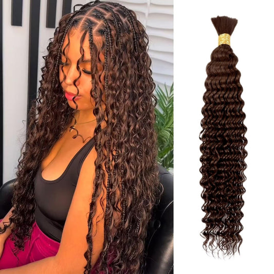 Chocolate Brown Braiding Hair 1 Bundle 50g 20 Inch Deep Water Wave Bulk Human Hair for Braiding Brazilian Virgin Curly Human Hair Extensions for Boho Braids Wet and Wavy Color 4 Human Braiding Hair